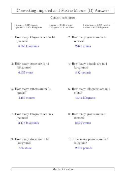 The Converting Between Metric and Imperial Masses (B) Math Worksheet Page 2