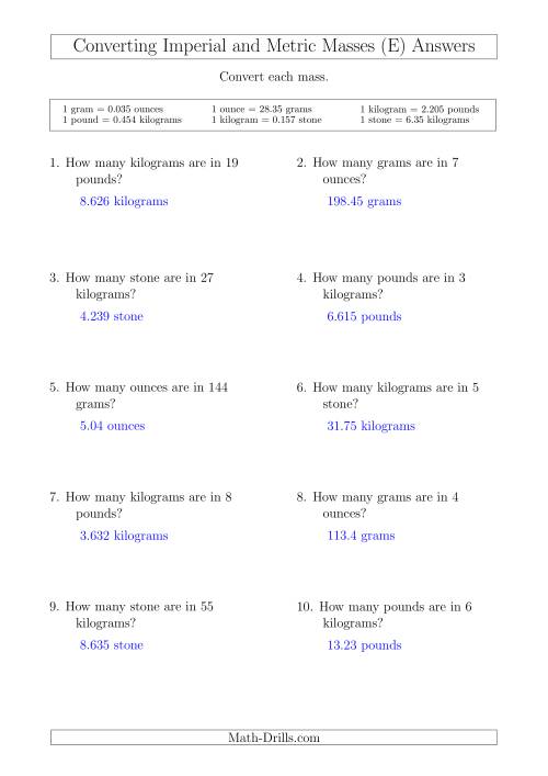 The Converting Between Metric and Imperial Masses (E) Math Worksheet Page 2