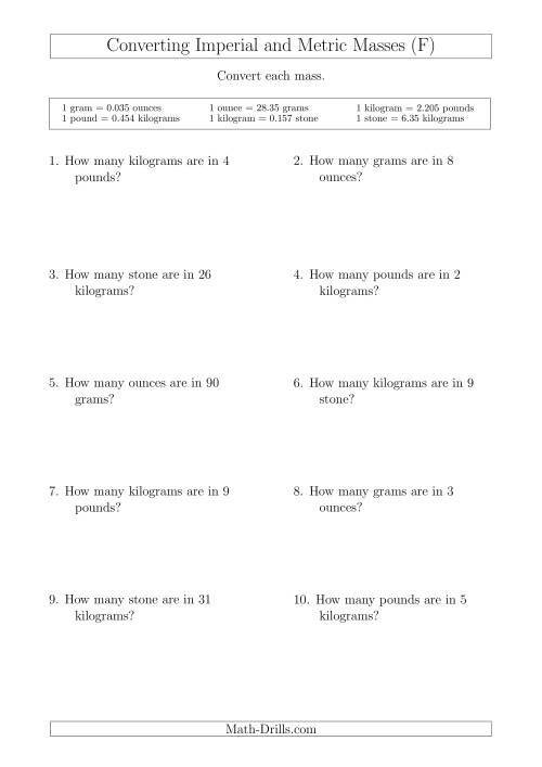 The Converting Between Metric and Imperial Masses (F) Math Worksheet