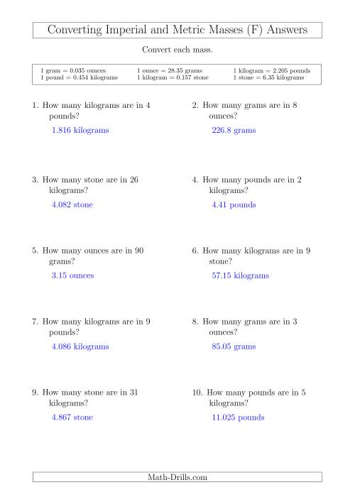 The Converting Between Metric and Imperial Masses (F) Math Worksheet Page 2