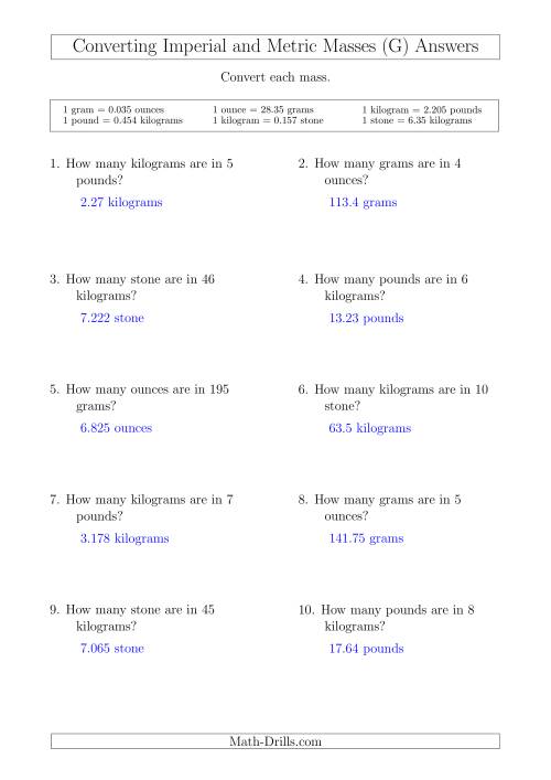 The Converting Between Metric and Imperial Masses (G) Math Worksheet Page 2