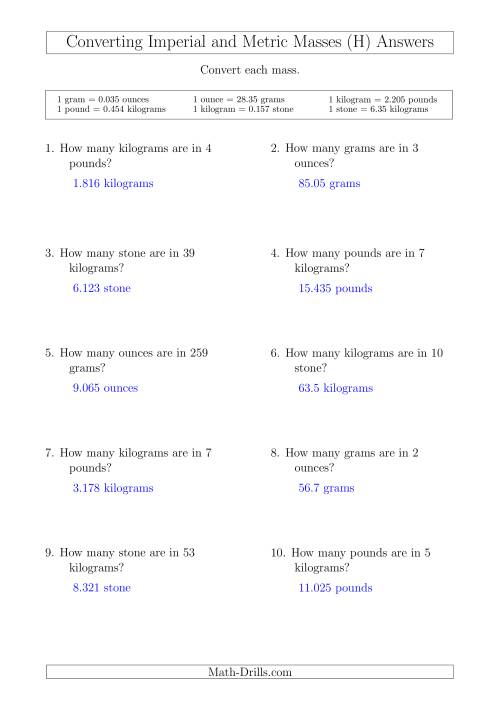 The Converting Between Metric and Imperial Masses (H) Math Worksheet Page 2