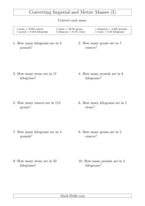 The Converting Between Metric and Imperial Masses (I) Math Worksheet
