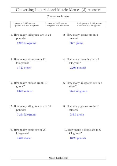 The Converting Between Metric and Imperial Masses (J) Math Worksheet Page 2