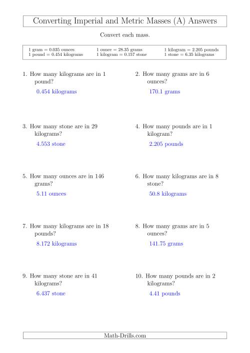 The Converting Between Metric and Imperial Masses (All) Math Worksheet Page 2