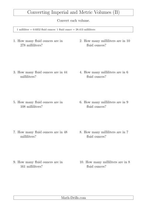 The Converting Between Milliliters and Imperial Fluid Ounces (B) Math Worksheet