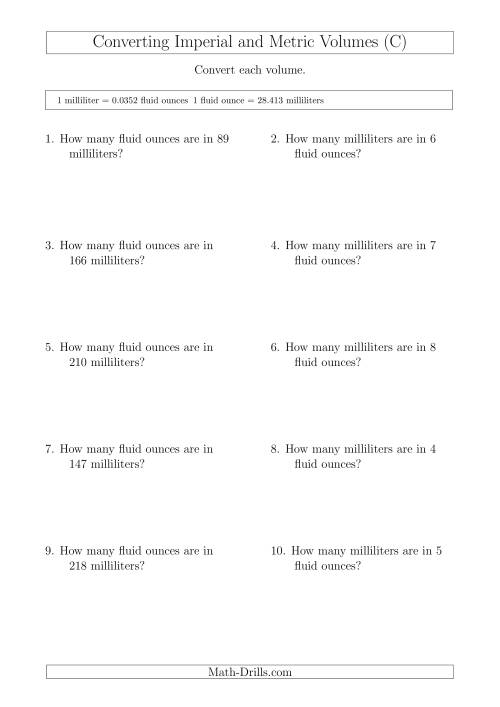The Converting Between Milliliters and Imperial Fluid Ounces (C) Math Worksheet