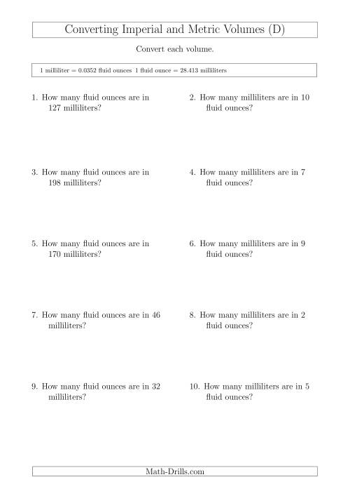 The Converting Between Milliliters and Imperial Fluid Ounces (D) Math Worksheet