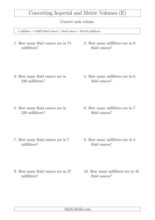 The Converting Between Milliliters and Imperial Fluid Ounces (E) Math Worksheet