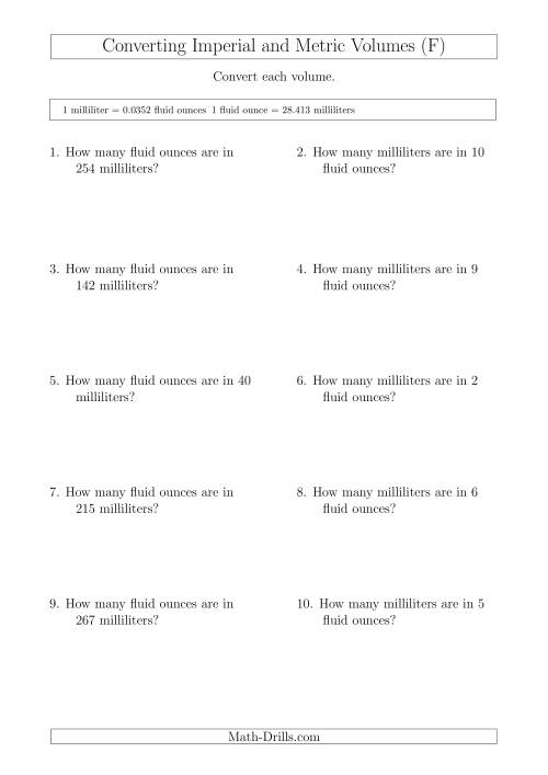 The Converting Between Milliliters and Imperial Fluid Ounces (F) Math Worksheet