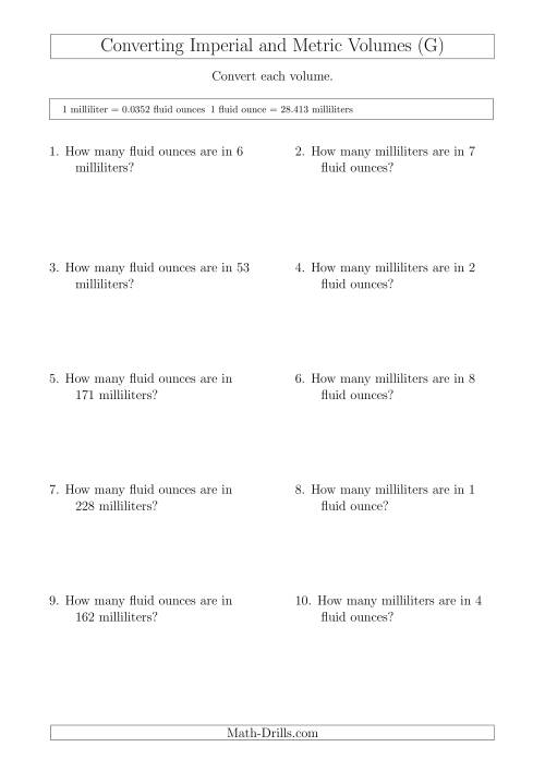 The Converting Between Milliliters and Imperial Fluid Ounces (G) Math Worksheet