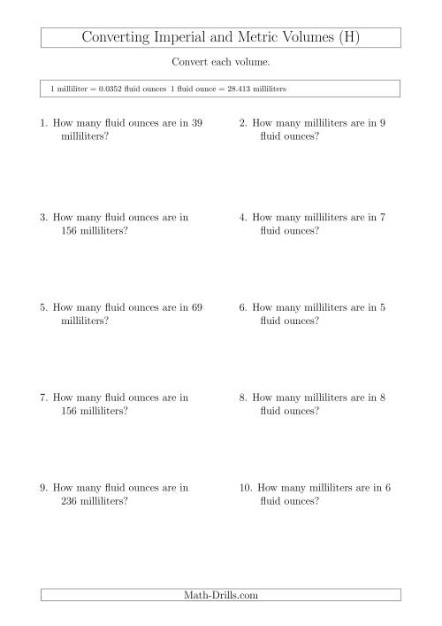 The Converting Between Milliliters and Imperial Fluid Ounces (H) Math Worksheet