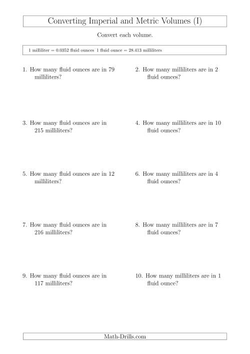 The Converting Between Milliliters and Imperial Fluid Ounces (I) Math Worksheet