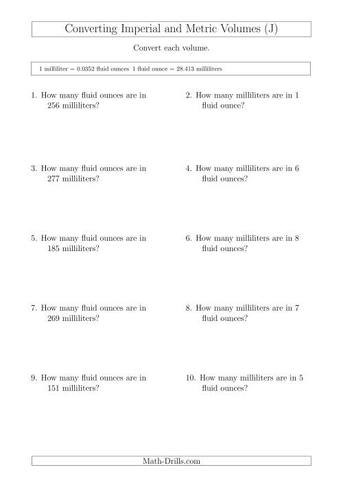 The Converting Between Milliliters and Imperial Fluid Ounces (J) Math Worksheet