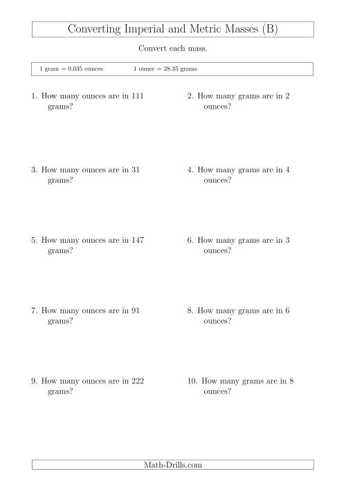The Converting Between Imperial Ounces and Grams (B) Math Worksheet