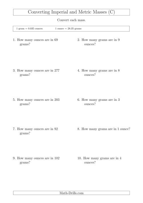 The Converting Between Imperial Ounces and Grams (C) Math Worksheet