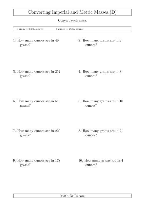 The Converting Between Imperial Ounces and Grams (D) Math Worksheet