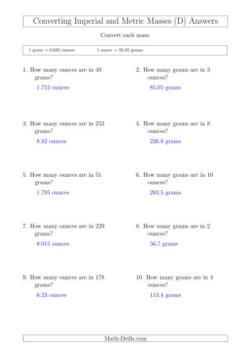 The Converting Between Imperial Ounces and Grams (D) Math Worksheet Page 2