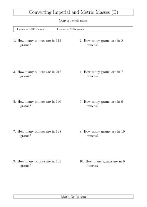 The Converting Between Imperial Ounces and Grams (E) Math Worksheet
