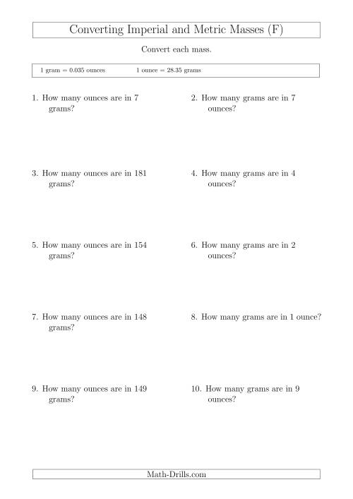 The Converting Between Imperial Ounces and Grams (F) Math Worksheet