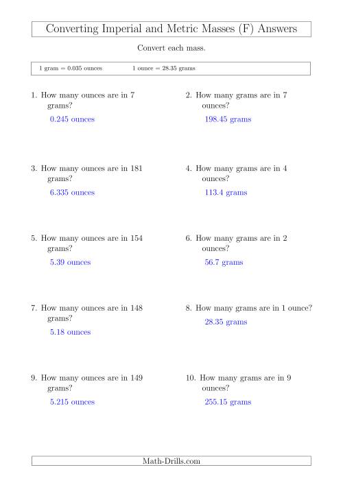 The Converting Between Imperial Ounces and Grams (F) Math Worksheet Page 2