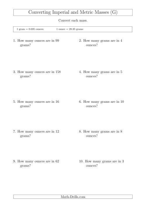 The Converting Between Imperial Ounces and Grams (G) Math Worksheet