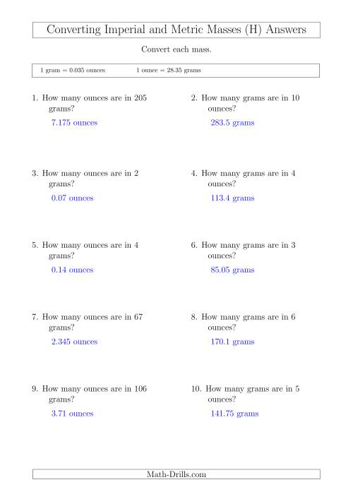 The Converting Between Imperial Ounces and Grams (H) Math Worksheet Page 2