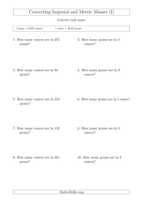 The Converting Between Imperial Ounces and Grams (I) Math Worksheet