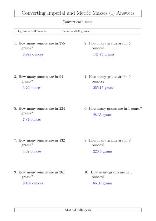 The Converting Between Imperial Ounces and Grams (I) Math Worksheet Page 2