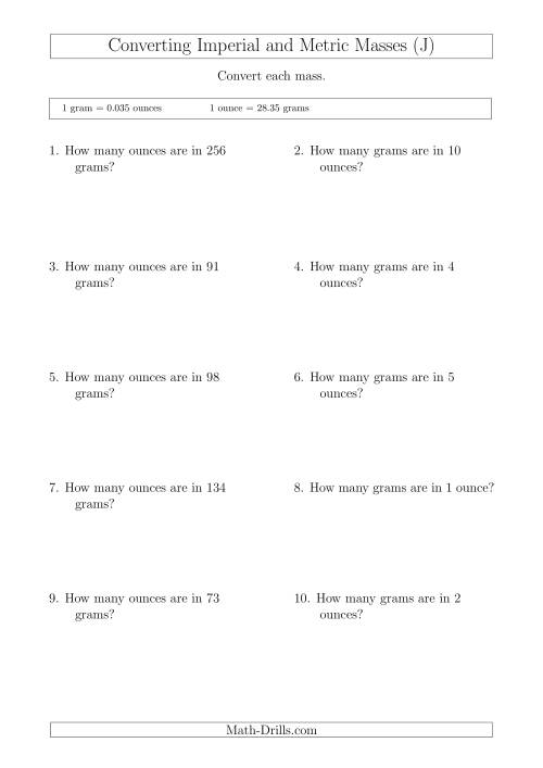 The Converting Between Imperial Ounces and Grams (J) Math Worksheet
