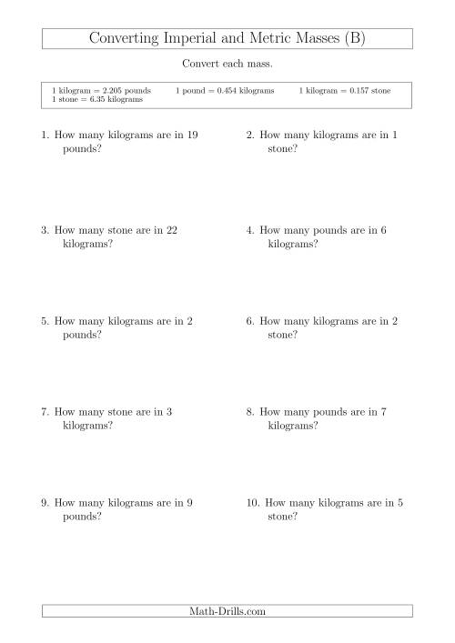The Converting Between Kilograms and Imperial Pounds and Stone (B) Math Worksheet