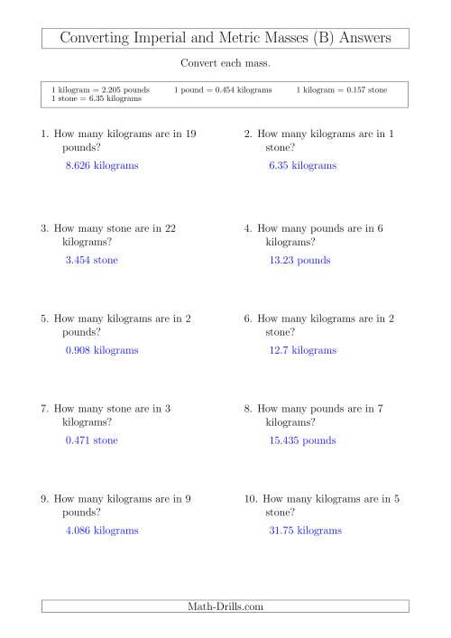 The Converting Between Kilograms and Imperial Pounds and Stone (B) Math Worksheet Page 2