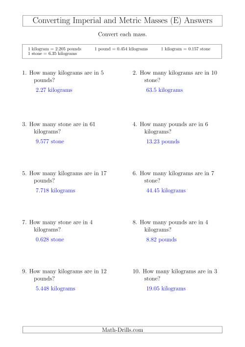 The Converting Between Kilograms and Imperial Pounds and Stone (E) Math Worksheet Page 2