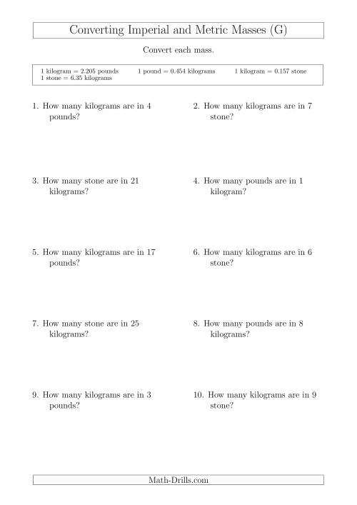 The Converting Between Kilograms and Imperial Pounds and Stone (G) Math Worksheet
