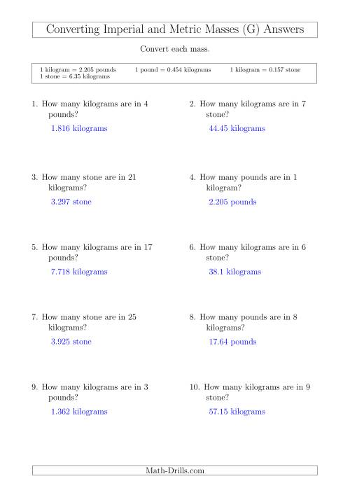 The Converting Between Kilograms and Imperial Pounds and Stone (G) Math Worksheet Page 2