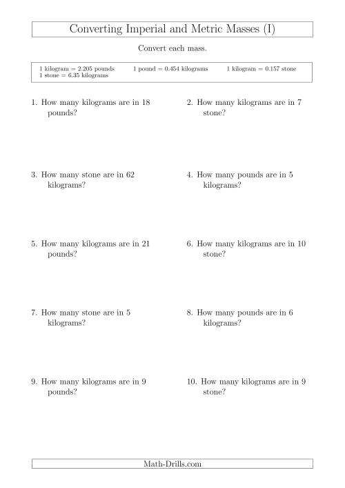 The Converting Between Kilograms and Imperial Pounds and Stone (I) Math Worksheet