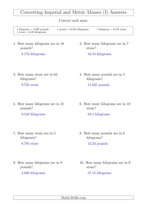The Converting Between Kilograms and Imperial Pounds and Stone (I) Math Worksheet Page 2