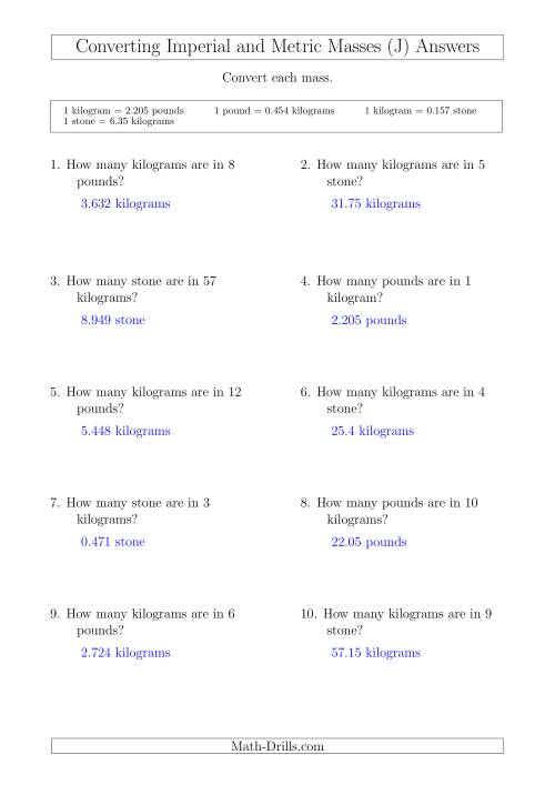 The Converting Between Kilograms and Imperial Pounds and Stone (J) Math Worksheet Page 2
