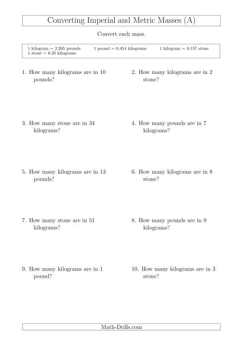 The Converting Between Kilograms and Imperial Pounds and Stone (All) Math Worksheet