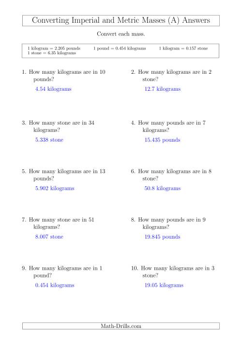 The Converting Between Kilograms and Imperial Pounds and Stone (All) Math Worksheet Page 2