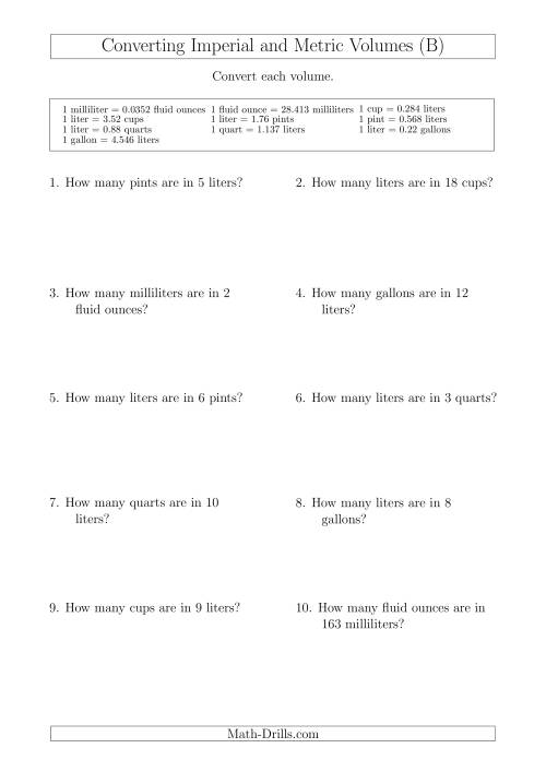 The Converting Between Metric and Imperial Volumes (B) Math Worksheet