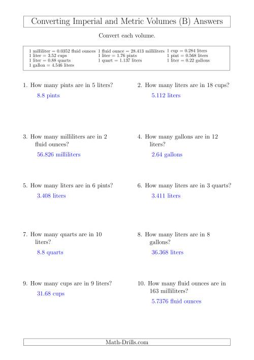 The Converting Between Metric and Imperial Volumes (B) Math Worksheet Page 2