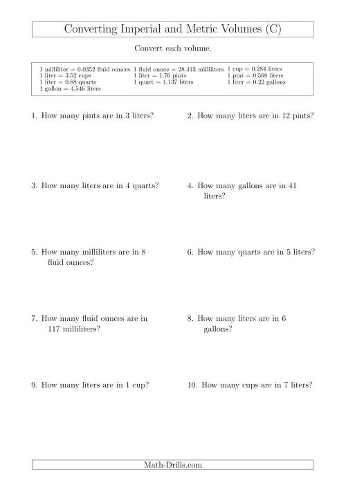 The Converting Between Metric and Imperial Volumes (C) Math Worksheet