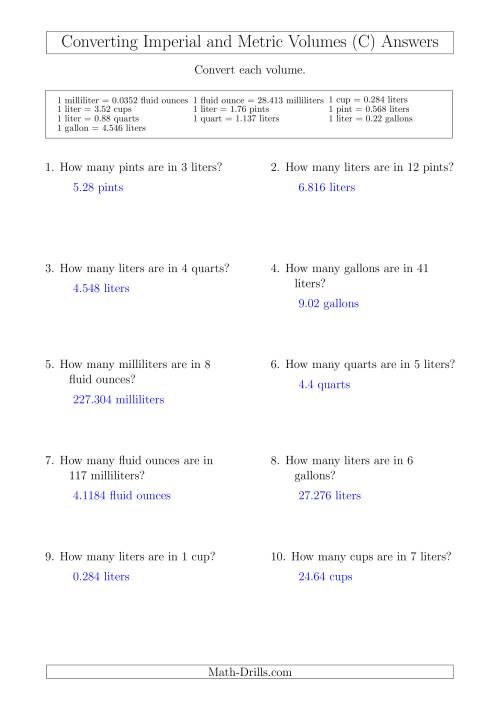 The Converting Between Metric and Imperial Volumes (C) Math Worksheet Page 2