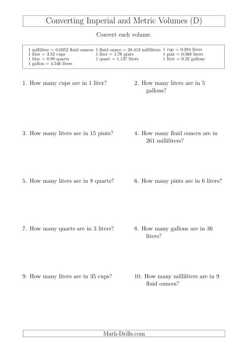The Converting Between Metric and Imperial Volumes (D) Math Worksheet