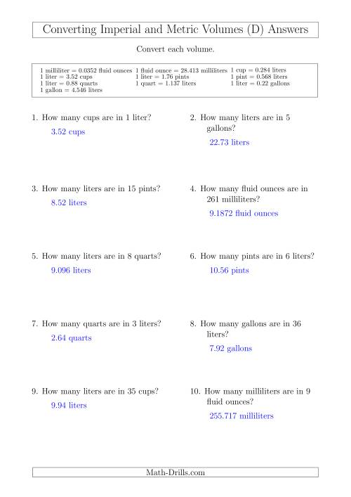 The Converting Between Metric and Imperial Volumes (D) Math Worksheet Page 2