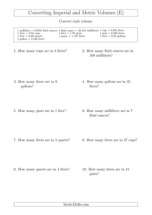 The Converting Between Metric and Imperial Volumes (E) Math Worksheet