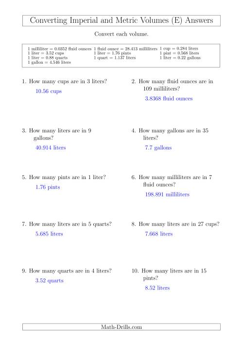 The Converting Between Metric and Imperial Volumes (E) Math Worksheet Page 2