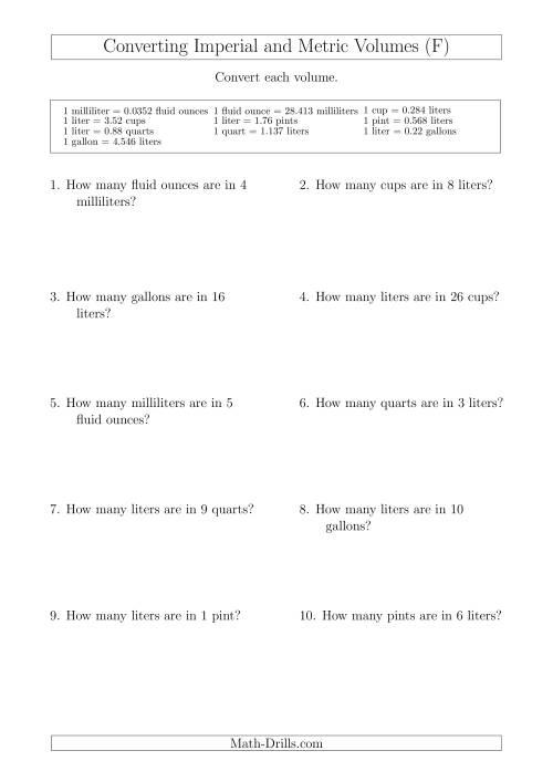 The Converting Between Metric and Imperial Volumes (F) Math Worksheet
