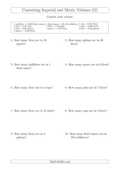 The Converting Between Metric and Imperial Volumes (G) Math Worksheet